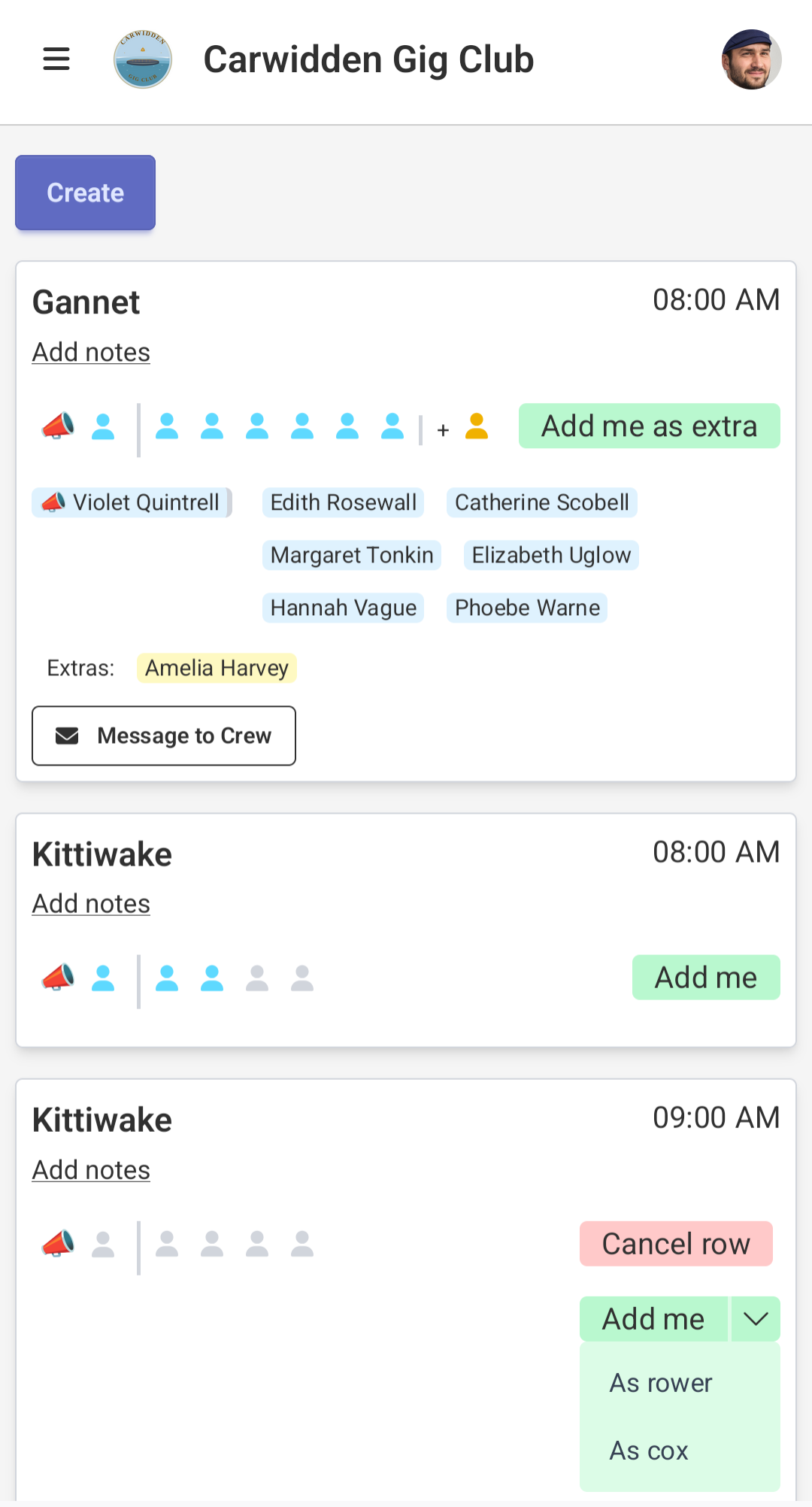TimeToRow mobile day view with reservations